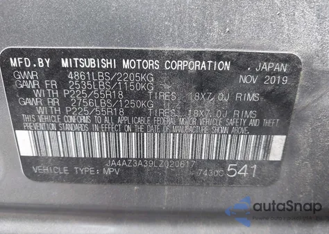 2020 Mitsubishi Outlander Es 2.4 S-Awc/Le 2.4 S-Awc/Se 2.4 S-Awc/Sel 2.4 S-Awc/Sp 2.4 S-Awc z USA, uszkodzony, nr VIN JA4AZ3A39LZ020617